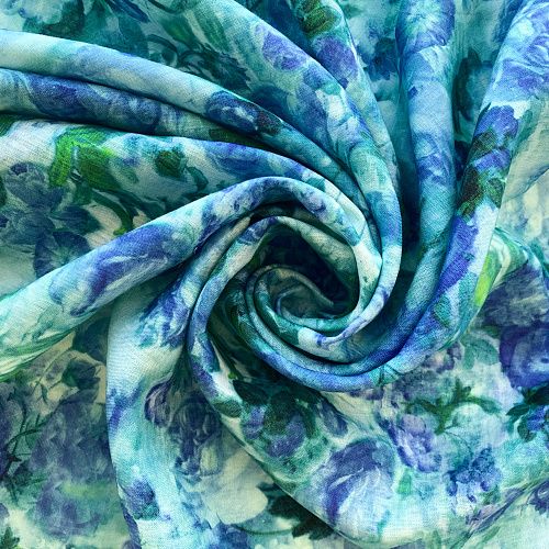 Лен натуральный К36-083 молочно-голубой принтованный